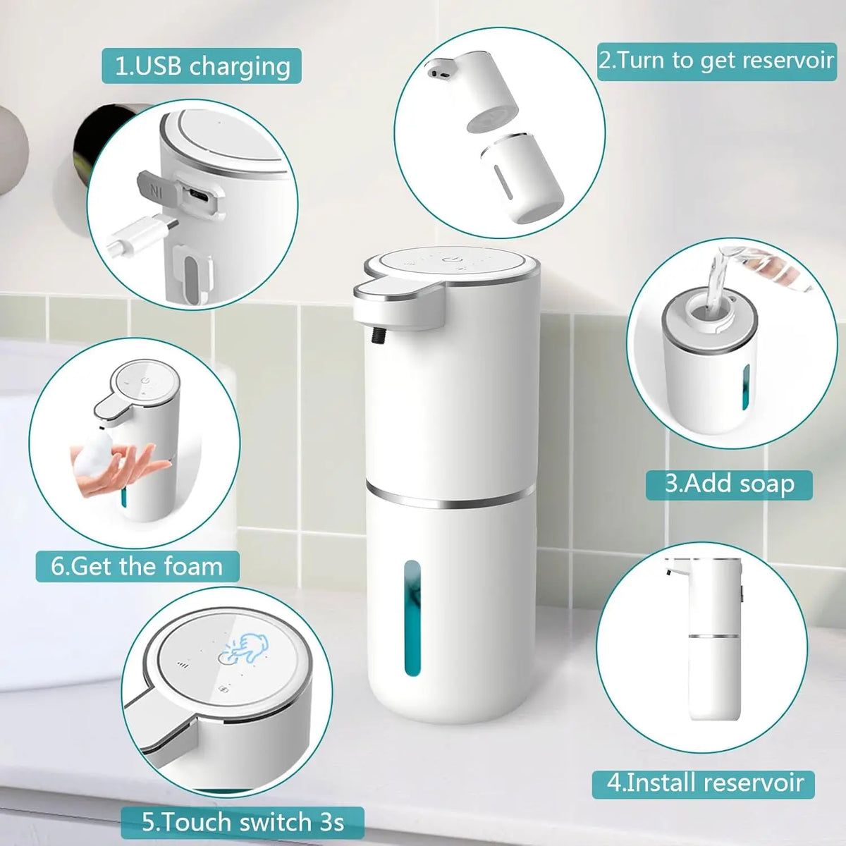 Smart Touchless Soap Dispenser – 380ml, USB-C Rechargeable, IPX5 Waterproof