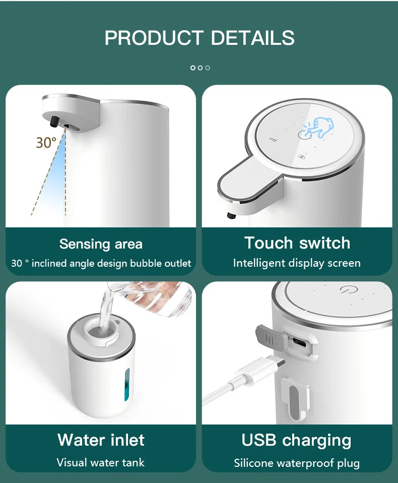 Smart Touchless Soap Dispenser – 380ml, USB-C Rechargeable, IPX5 Waterproof