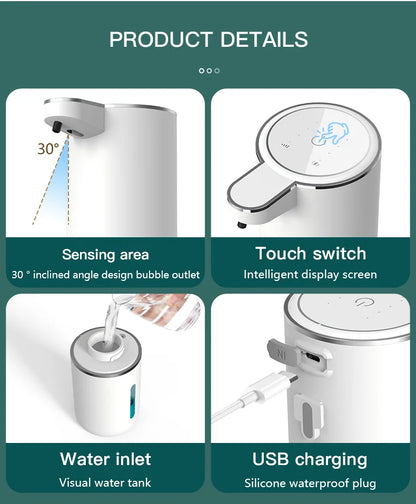 Smart Touchless Soap Dispenser – 380ml, USB-C Rechargeable, IPX5 Waterproof