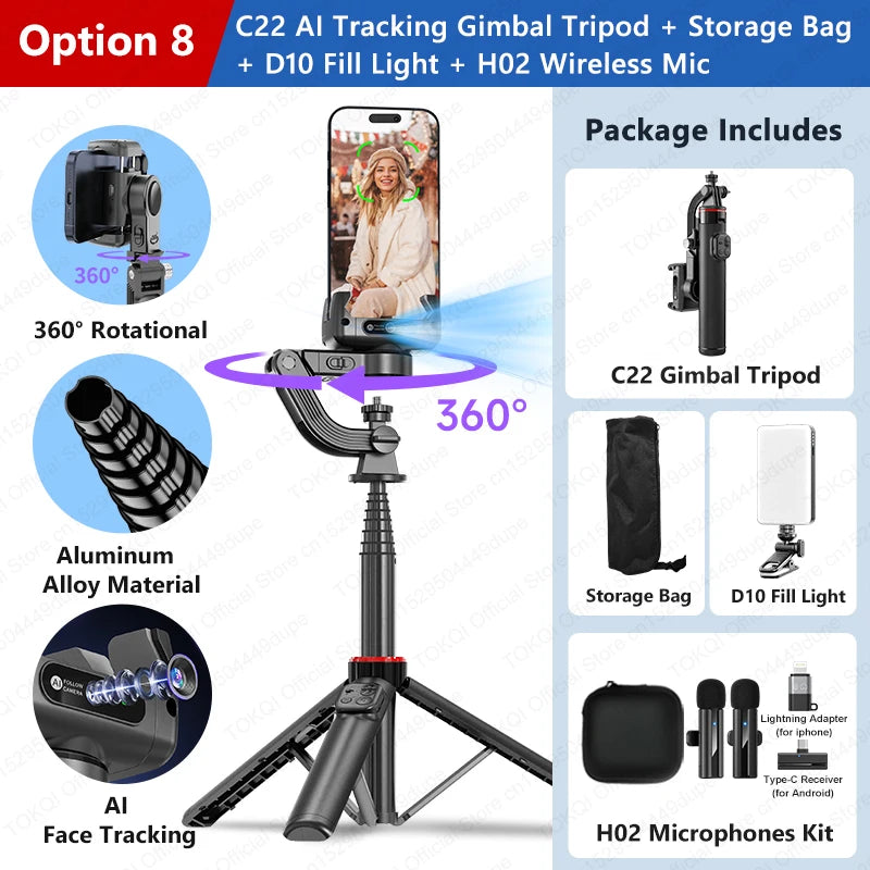 TOKQI C22 AI Tracking Gimbal Tripod with Selfie Stick & Wireless Remote
