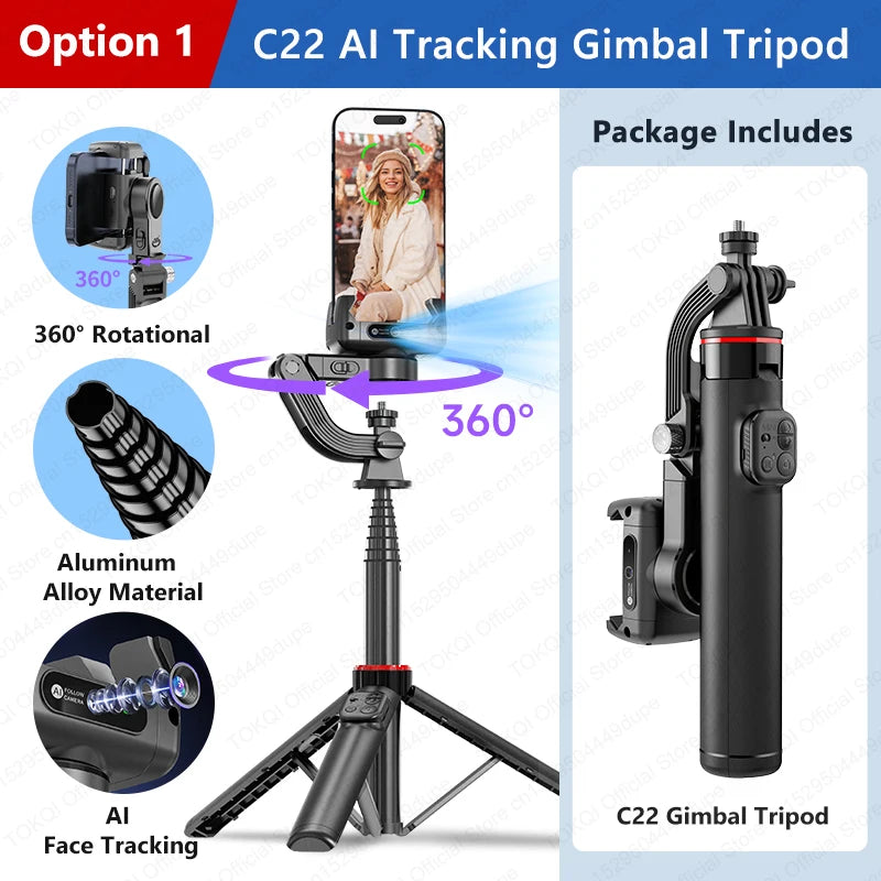 TOKQI C22 AI Tracking Gimbal Tripod with Selfie Stick & Wireless Remote