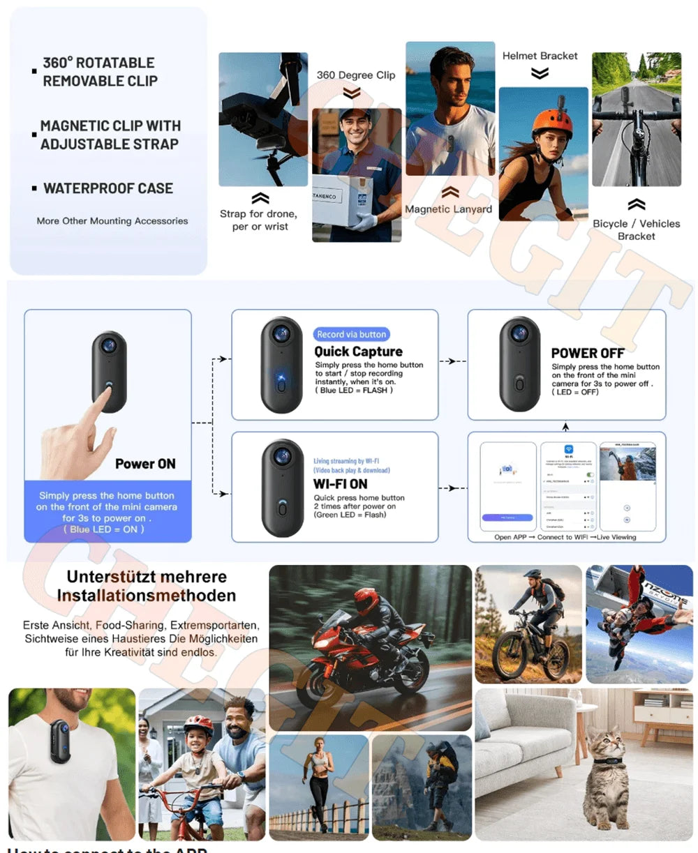 Waterproof 4K Mini Pocket Action Camera – Magnetic POV, WiFi, Body/Helmet/Bike Mount