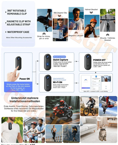 Waterproof 4K Mini Pocket Action Camera – Magnetic POV, WiFi, Body/Helmet/Bike Mount