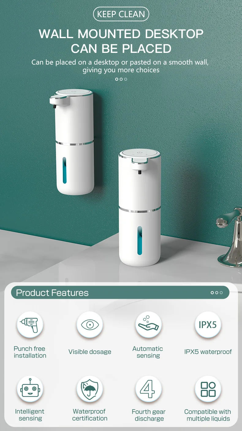 Smart Touchless Soap Dispenser – 380ml, USB-C Rechargeable, IPX5 Waterproof
