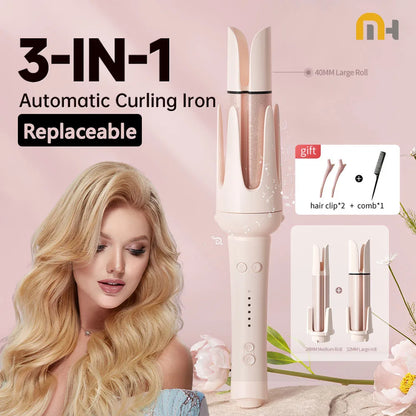 3-in-1 automatic curling iron with a woman and hair accessories on a pink background
