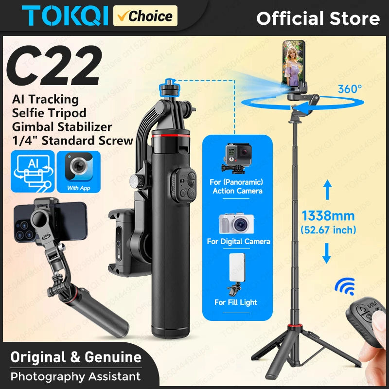 TOKQI C22 AI Tracking Gimbal Tripod with Selfie Stick & Wireless Remote