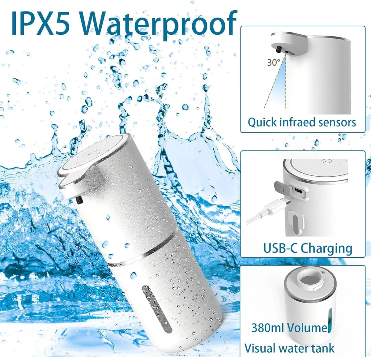 Smart Touchless Soap Dispenser – 380ml, USB-C Rechargeable, IPX5 Waterproof
