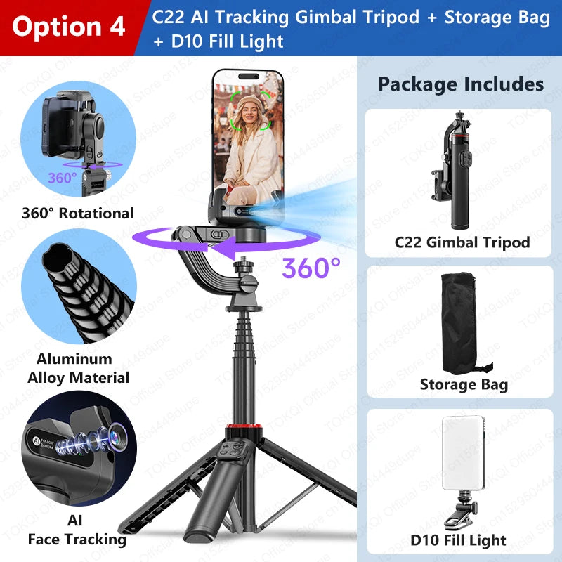 TOKQI C22 AI Tracking Gimbal Tripod with Selfie Stick & Wireless Remote