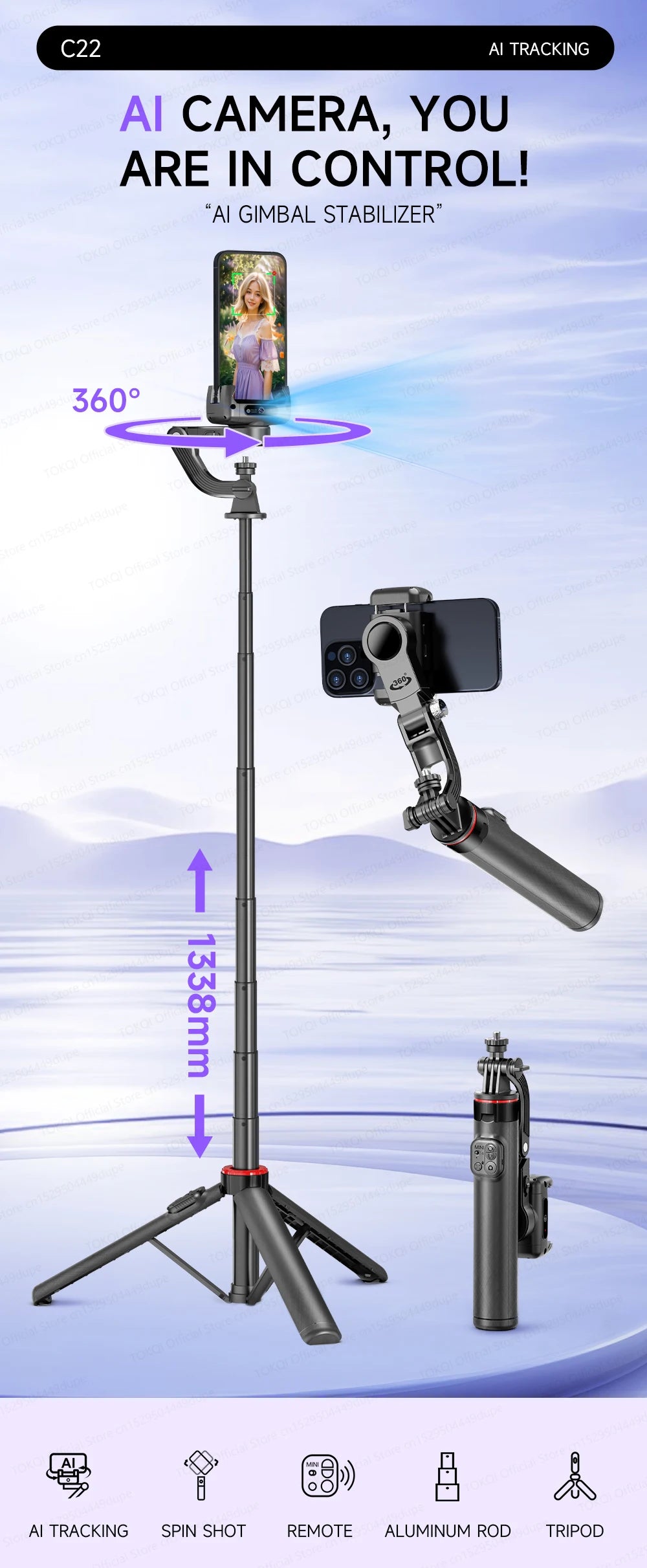 TOKQI C22 AI Tracking Gimbal Tripod with Selfie Stick & Wireless Remote