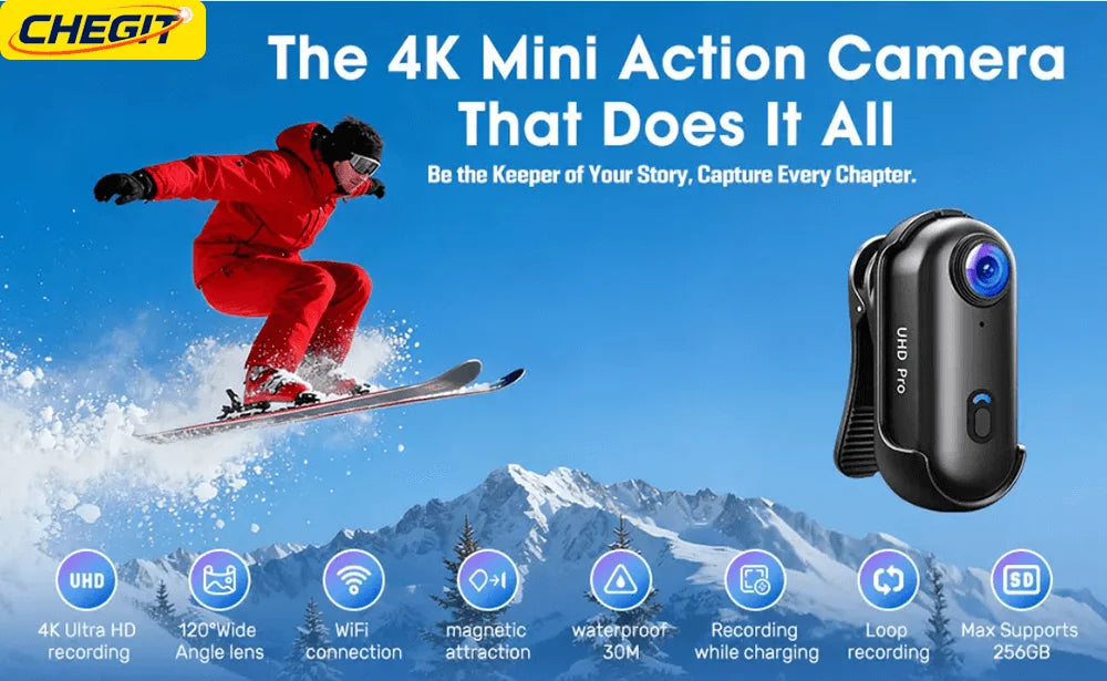 Waterproof 4K Mini Pocket Action Camera – Magnetic POV, WiFi, Body/Helmet/Bike Mount