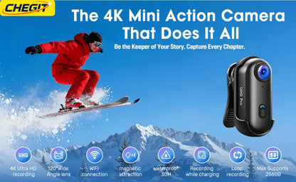 Waterproof 4K Mini Pocket Action Camera – Magnetic POV, WiFi, Body/Helmet/Bike Mount
