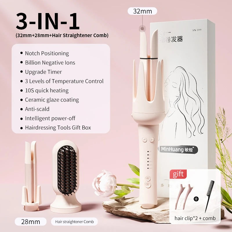 3-in-1 hair straightener comb with packaging and accessories on a pink background
