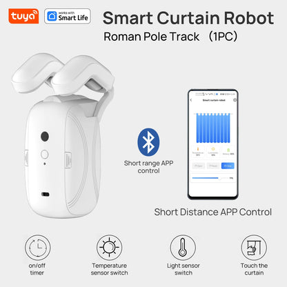 Tuya Smart Curtain Robot – Bluetooth App Control | Roman Rod Track | 8KG Load | Auto Open & Close