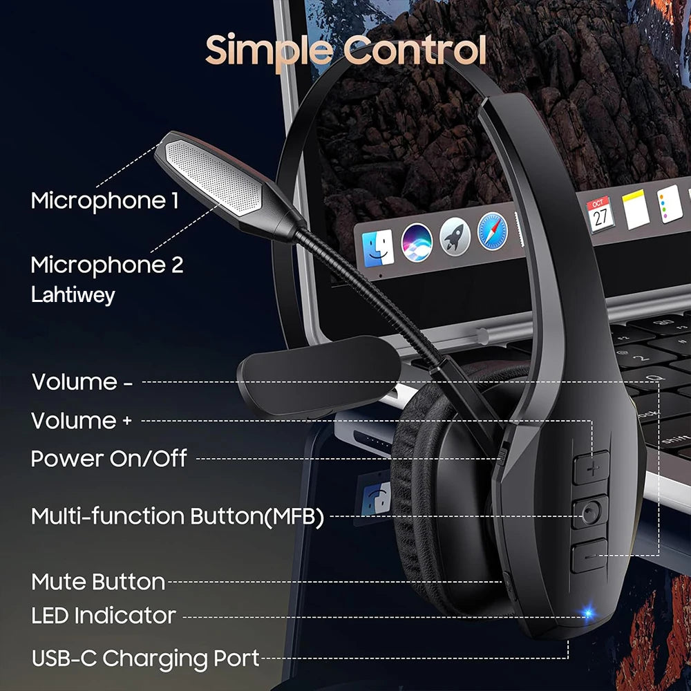 Lahtiwey Trucker Bluetooth Headset – 55Hr Battery, Noise Cancelling Mic