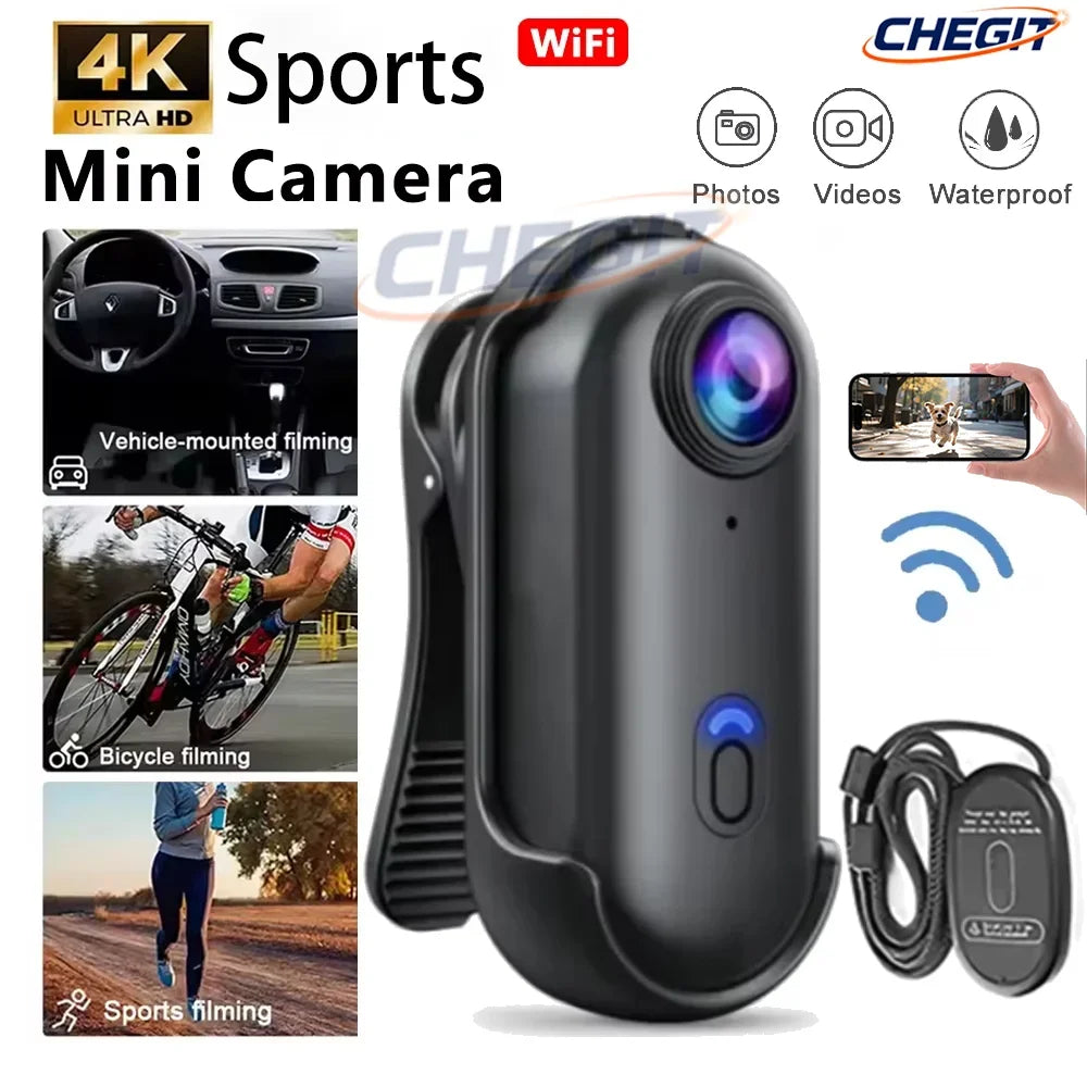 Waterproof 4K Mini Pocket Action Camera – Magnetic POV, WiFi, Body/Helmet/Bike Mount