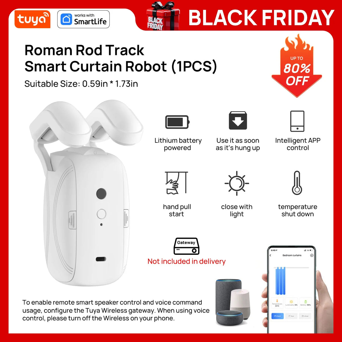 Roman Rod Track Smart Curtain Robot with Tuya SmartLife branding on a Black Friday promotional banner.