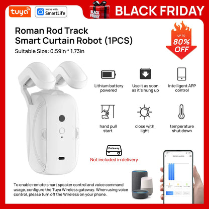 Roman Rod Track Smart Curtain Robot with Tuya SmartLife branding on a Black Friday promotional banner.
