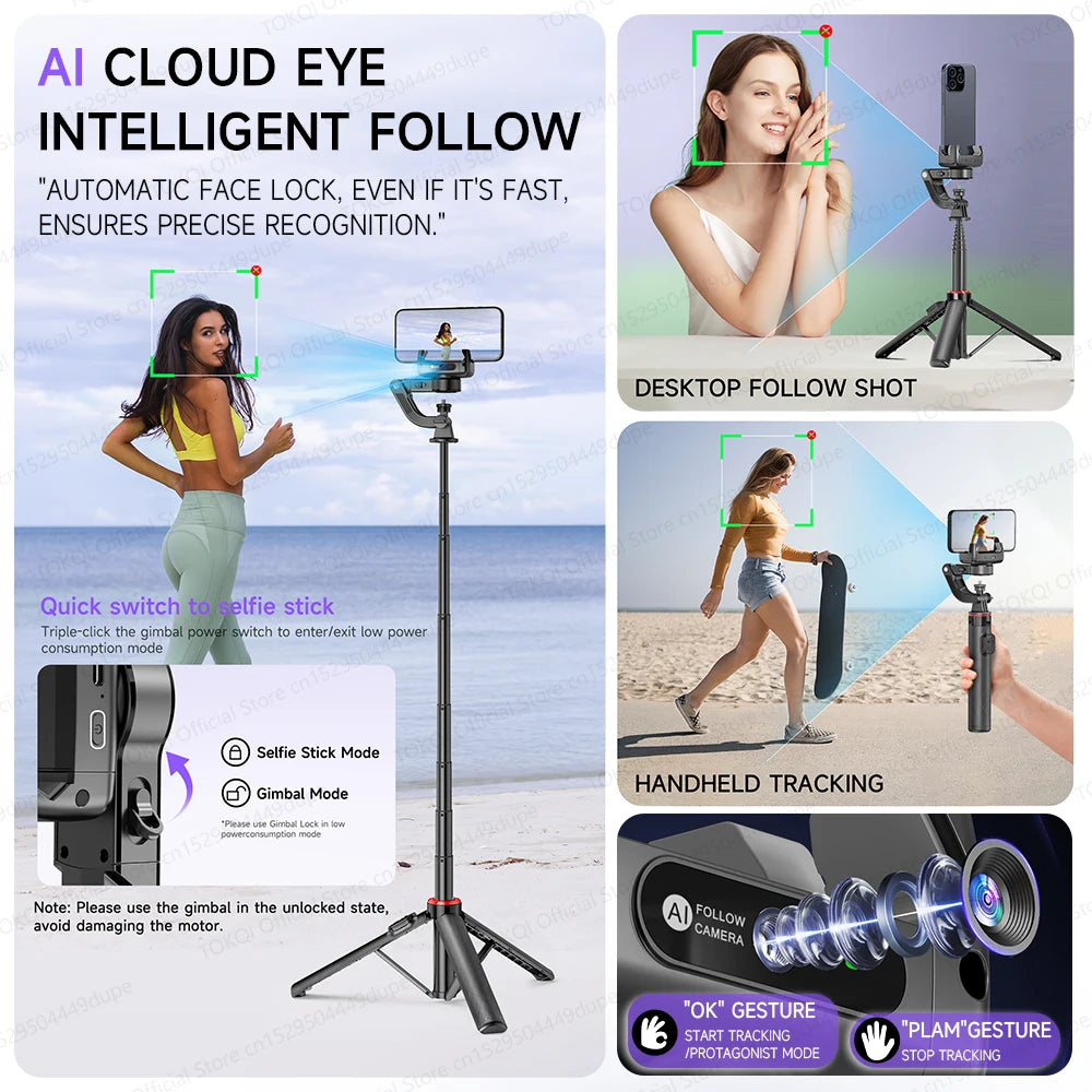 TOKQI C22 AI Tracking Gimbal Tripod with Selfie Stick & Wireless Remote