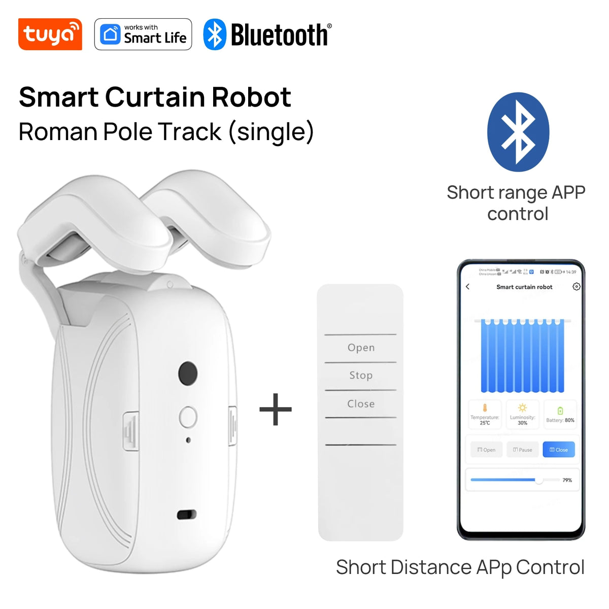 Tuya Smart Curtain Robot – Bluetooth App Control | Roman Rod Track | 8KG Load | Auto Open & Close