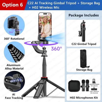 TOKQI C22 AI Tracking Gimbal Tripod with Selfie Stick & Wireless Remote