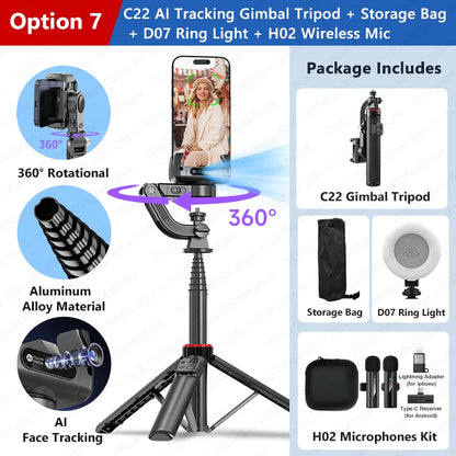 TOKQI C22 AI Tracking Gimbal Tripod with Selfie Stick & Wireless Remote