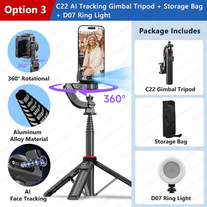 TOKQI C22 AI Tracking Gimbal Tripod with Selfie Stick & Wireless Remote