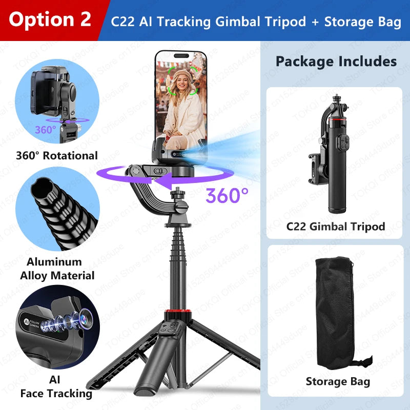 TOKQI C22 AI Tracking Gimbal Tripod with Selfie Stick & Wireless Remote